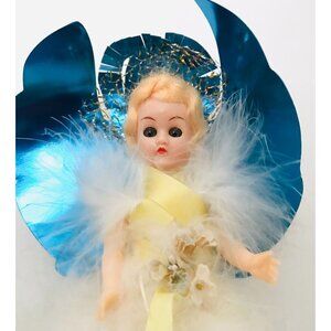Vintage Feather Dress Angel Doll Tree Topper Blue Foil Wings Paper 13" Tall